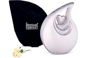 KEEPSAKE COMPANY Large White Teardrop Urn with Silver Heart for Human Ashes - Urns for Adult Men Male and Women - Heart Urn, 2.5 LTR,White With Silver Heart