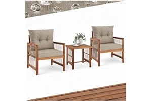 TecTake® Set salottino da esterno, 2 poltrona relax e tavolino da balcone in legno acacia, intreccio corda polyrattan, cuscini sfoderabili, arredo giardino moderno, salotto balcone Sedie da Giardino