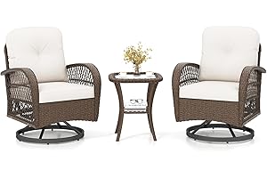 COSTWAY 3 Pieces Patio Rattan Bistro Set, 360° Swivel Outdoor Rocking Chairs and Table Set with Cushions and Pillows, Garden Furniture Set Wicker Conversation Sofa Table (White)