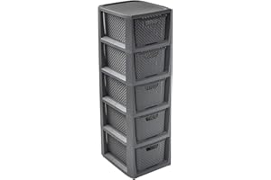 BRANQ HOME ESSENTIAL BranQ - Home essential Regal in Rattan Design, BPA-freie Kunststoff PP, Anthrazit, 29,5 x 24 x 80 cm, 5 Körben