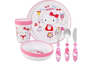 ZAWADI GLOBAL Hello Kitty - Set di 6 stoviglie riutilizzabili per bambini, piatto, ciotola, tazza, coltello, forchetta, cucchiaio, posate per bambini