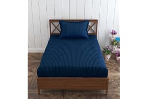 Trance Home Linen Cotton 78X36 Inch Single Fitted 200TC Satin Stripe Elastic Fitted Bedsheet Single Bed Size Daily Use Fitted Bedspread With 1 Pillow Covers (78"X36" 6.5X3 Feet,Dark Blue),Small_Single