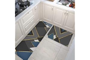 PQCXXA Black Kitchen Rugs and Mats Sets of 2 Pieces Funny Kitchen Decoration Non Slip Super Absorbent Kitchen Mat Runner Rug for Sink, Kitchen, Hallway, Laundry Room (Blue geometric, 40x120cm+40x60cm)