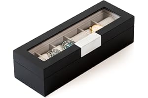 CASE ELEGANCE Scatola Portaorologi Moderna a 6 slot Nera con Clip in Metallo e Vetro Temperato