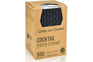 LIVES ON GREEN Cannucce monouso biodegradabili in carta nera per cocktail e bevande, 19,7 x 0,6 cm, 500 pezzi, per casa, bar e ristoranti
