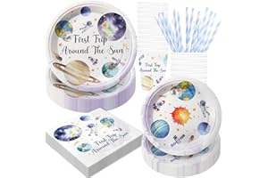 BOIKOKY Space Geburtstagsparty Dekorationen, 120 Stück Weltraum Themen Partygeschirr Für Die 1. Weltraumparty Einweg Inklusive Pappteller, Servietten, Becher und Strohhalme | für 24