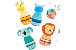 Ludi - Chiglie in Tessuto - Giocattolo di risveglio - Gioco di Bowling - Materiale Morbido - Stabile - Silenzioso - da 10 Mesi - 1 Palla e 4 Birilli pesati - 1 Leone, 1 Ippopotamo, 1 Koala, 1 Giraffa