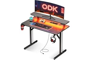 ODK Stolik gamingowy, małe biurko do gier z oświetleniem LED i gniazdkami, 80 cm, stolik pod komputer z półką na monitor, włókno węglowe, czarny