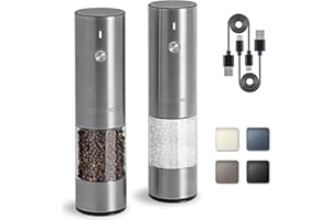 TLYSXPRO Electric Salt and Pepper Grinder Set, USB Rechargeable, Stainless Steel Automatic Salt and Pepper Mill Grinder with Adjustable Coarseness, Electric Salt Shakers, LED Light, Refillable (2 Packs)