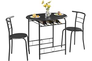 VECELO 3-Piece Bar Table Set, Round Tabletop & Chair for Kitchen Dining Room Breakfast, Built-in Wine Rack, Space Saving[X-Large], 85cm Length X 60cm Width, Engineered Wood Metal, Black, Small