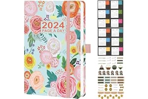 Dzhzal Diary 2024 A5 Page a Day, Day Per Page Diary 2024 From January 2024 to December 2024, Hard Cover Productivity Daily Planner with Monthly Tabs, Pen Loop and Inner Pocket 5.7"x8.3"