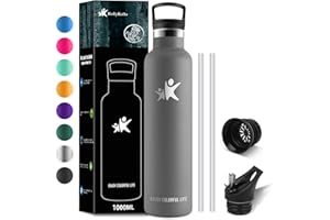 KollyKolla Termos 1 l, nie zawiera BPA, ze słomką, nadaje się do picia z kwasem węglowym, butelka na napoje ze stali nierdzewnej 1 l, szczelna, butelka na wodę do fitnessu, szkoły, na zewnątrz, do