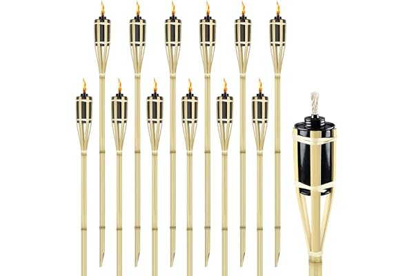 Aufun Lot de 12 Torche de Jardin en Bambou, Bamboo Garden Tiki Torch Set, Torches à Huile pour l'Extérieur avec Mèche de Rechange, Lampe à Huile Cheminée, Hauteur : 90 cm (Typ A)