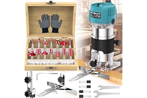 KOOLSHIRO Palm Router Tool, 800W 30000Rpm Electric Woodworking Hand Router with Trimmer Base & 15Pcs 1/4"(6.35mm) Router Bits Set, 220V Wood Trimmer Router