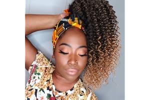 COLORFUL PANDA ColorfulPanda Queue de cheval Afro Kinky Curly pour femmes Ombre Blonde Marron Drawstring Ponytail Extension de cheveux synthétiques Curly Ponytail avec clip-in postiche(16 pouces, Marron)