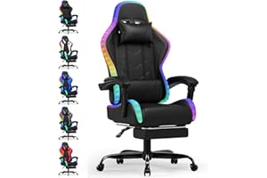 Devoko Silla Gaming con Masajeador y LED, Silla de Oficina Ergonómica con Reposapiés, Sillas Gaming para Oficina y Juegos con Iluminación RGB（Negro）