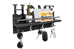 twirush Schlüsselbrett mit Ablage, Holz Schlüsselhalter mit 4 Doppel Schlüsselhaken, Dekorative Wandorganizer mit Ablage, Wand Schlüsselkasten Vintage für Eingang, Wohnzimmer, Flur (Schwarz Home)