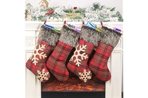 KOHMUI Weihnachtsstrumpf, 4er Rot Groß Plaid Weihnachtsstrumpf Weihnachtsschmuck zum Befüllen und Aufhängen, 46cm Hellbraun Schneeflocke Strümpf für Weihnachten Deko