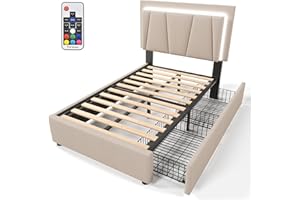 XINZI 90 x 200 cm, łóżko tapicerowane, drewniany, stelaż do sypialni, łóżka z 2 szufladami i regulacją wysokości, zagłówek, podwójne łóżko z diodami LED i pilotami zdalnego sterowania, rama łóżka dla