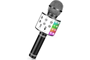GUKKK Microphone Karaoké sans Fil Bluetooth avec Lumière LED Multi Couleur, Microphone Karaoke pour Enfants/Adultes Chanter Club Noël Anniversaire Soiree Famille Youtube Live, Idée Cadeau (Noir)