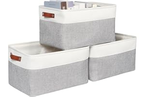 Syeeiex Large Storage Baskets for Shelves with Leather Handle, 3 Pack Fabric Stoarge baskets for Organizing Home, Toys, Office, Clothes (Grey)