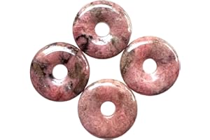 Ladeukoi Large Hole 7mm Round Gemstone Disc Lucky Coin Pendant Bead Charms for Jewelry Making, Polished Crystal Amulet Peace Circle Donut Stone Beads Supplies 1.18”(30mm),4Pcs, Rhodonite