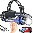 Sogdeco Head Torch,Head Torch Rechargeable 8 Light Modes 50000LM Super Bright Led Headtorch with Red Warning Light,Sensor Control,Head Torch Waterproof IPX6 for Camping Running Fishing Hiking