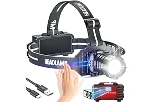Sogdeco Head Torch Rechargeable 8 Light Modes 50000LM Super Bright Led Headtorch with Red Warning Light,Sensor Control,Head Torch Waterproof IPX6 for Camping Running Fishing Hiking