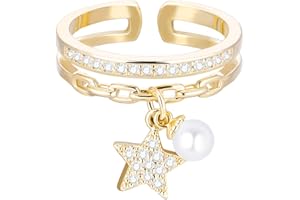 JINHAN Pengjin Anello Donna, Perla, Anello a Stella con Cristallo CZ, Anello di Apertura Regolabile zirconio Rame antiallergico, Regalo per Ragazza Glamour o Madre, Argento/Oro Rosa/Oro
