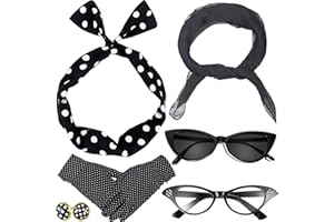 HEAWAA Akcesoria do kostiumów z lat 50., zestaw kostiumów z lat 50. XX wieku z rękawiczkami z elastanu w kropki, bandana, 2 pary, okulary do uszu na imprezę karnawałową