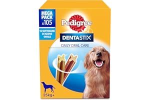Pedigree Dentastix - Snack para la higiene Oral (Perro Grande +25 kg), 270 g 105 Unidades - 15 Paquetes de 7 Unidades (105 Unidades totales)