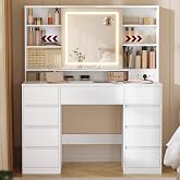 VASAGLE Dressing Table with LED Mirror, Tool-Free Assembly, 9 Drawers | Power Strip, Dimmable LED Mirror, 3 Color Lighting, C