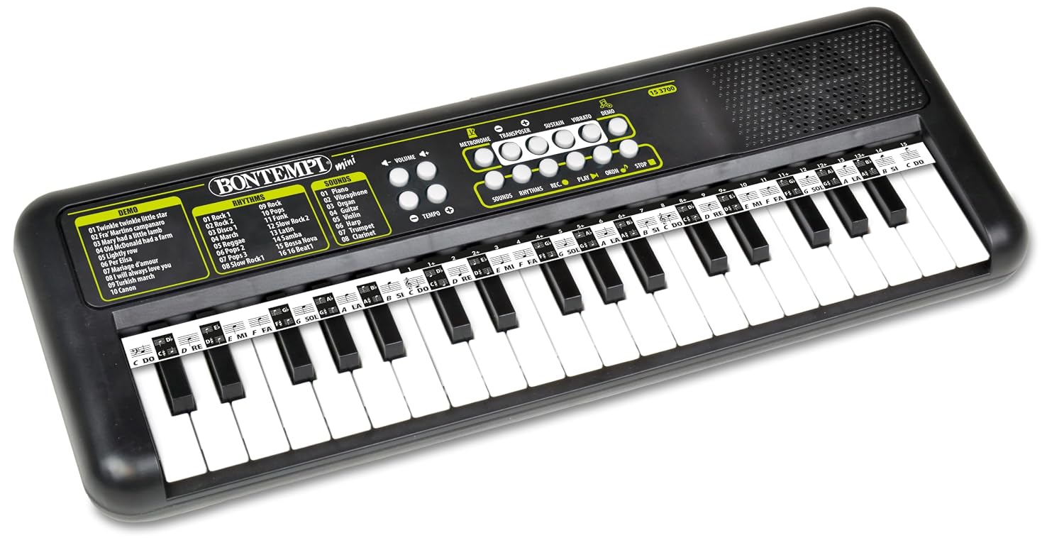 Bontempi Tastiera Digitale 37 Tasti 3700 15 41x15,5x4 cm | con Tastiera 37 Tasti, Passo 1,5 cm, Jack per Cuffie, Strisce Pentagramma, Metronomo e Traspositore