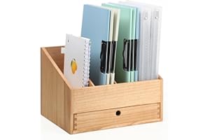 KIRIGEN Wooden Desktop File Organiser with Drawer, 4 Compartments, Desk File Storage Manager, Wooden Folder Organizer for School and Office(4K-NA)