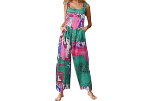 Acrawnni Women's Dungarees Vintage Floral Printed Loose Casual Baggy Sleeveless Overall Long Jumpsuit Playsuit Trousers Pants Romper
