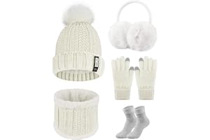 CheChury Conjunto de Bufanda Invierno Mujeres Suave y Elástica Bufanda y Calcetines de Gorro de Lana Gruesa Linda Plegables Orejeras Guantes de Pantalla Táctil Conjunto de Excursión Esquí de Invierno