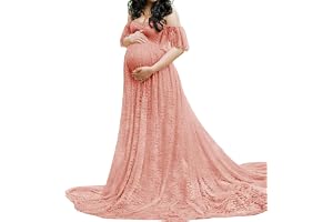 Cynefoa Off Shoulder moderskap spetsklänning enfärgad volang kortärmad graviditetsklänning fotografi rekvisita gravida kvinnor för fotografering klänning