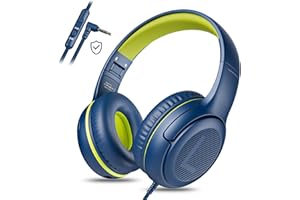 AWATRUE awartue Auriculares Niños con Cable Audio 3.5mm, Volumen Limitado 85/94dB, Diadema Ajustable Almohadillas Suaves, Cascos Infantiles para Clases Online/Viajes/Estudi, Azul y Verdoso