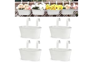 OGIMA 4pcs Large Hanging Flower Pots, Metal Iron Wall Planter Indoor/Outdoor for Railing Fence Balcony Garden Home Decoration with Detachable Hooks, 4x White