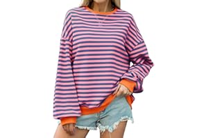 Lonya Sweat Femme Striped Color Oversize Sweatshirts Y2K Rayée Pull Col Rond Sweat-Shirt Marinière Manches Longue Pullover Top Vintage Casual Hiver Chaud Streetwear
