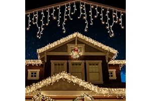 ANSIO® Outdoor Christmas Lights 120 LED 4m/13ft Icicle Lights Outdoor & Indoor Warm White Decorations String Fairy Outside Lights with Timer for Xmas Garden Bedroom & Party|Mains Powered Clear Cable