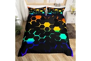 MANFEI 3D Waben Bettbezug Set S Größe,Bunte Neon Licht Hexagon Bettwäsche Set Kinder Jungen Teens Mädchen Mode Geometrische Tröster Abdeckung Schwarz Cool Gaming Quilt Cover,1 Kissenbezug
