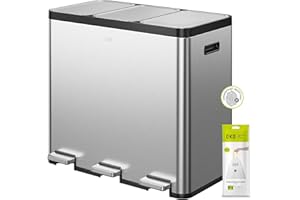EKO Ecocasa Recycling Bin 20L+20L+20L, Stainless Steel 3 Compartment Rubbish Bin with Individual Pedals for Kitchen Waste Separation, Plastic Inner Buckets and Handles, Soft Closure, Matte Metallic