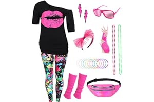 Velmawig 80er Jahre Outfit Damen 80 er Jahre Fasching Kostüm Zubehör Rosa Set mit Bauchtasche Haarband Ohrring Netzhandschuhe Gläser Armband Halskette Leggings Neon Kleidung Bad Taste Outfit Damen