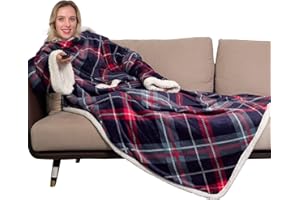 Winthome Koc z rękawami, gruby, wełniany, ciepły zimowy koc sherpa, koc polarowy z torbą, miękki, przytulny, koc dla dorosłych, na prezent, na sofę, oszczędność kosztów ogrzewania (niebieski w kratkę,