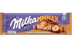 Milka MMMAX, Tableta Grande de Chocolate con Leche de los Alpes, Relleno de Avellanas Enteras y Crema de Caramelo, 300 g