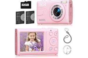 CAMWORLD Cámara Digital Compacta con Tarjeta 32GB, 64MP 4K Camara de Fotos Digital 2,4 Pulgadas Portátil Camaras Digitales con Zoom 18X y 2 Pilas Camera Digital para Niños, Principiantes, Adulto (Rosa)