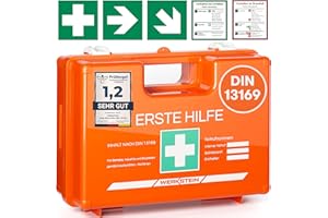 ‎WERKSTEIN Erste Hilfe Kasten DIN 13169:2021 - Verbandskasten inkl. praktischer Wandhalterung, 5x Aufkleber, Gesichtsmasken, Feuchttücher & Plombe - Erste Hilfe Koffer für Betriebe, Einrichtungen & Zuhause