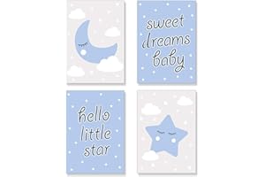 PREMYO Quadri per Camera Bambini - Set di Poster Luna Stella Blu - Stampe da Parete Decorazione Cameretta Neonato A4