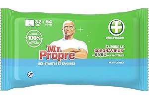 MR. PROPER Mr Propre Lingettes Multi Surface, 32 Lingettes, Nettoyage Rapide et Efficace, Antibactériennes